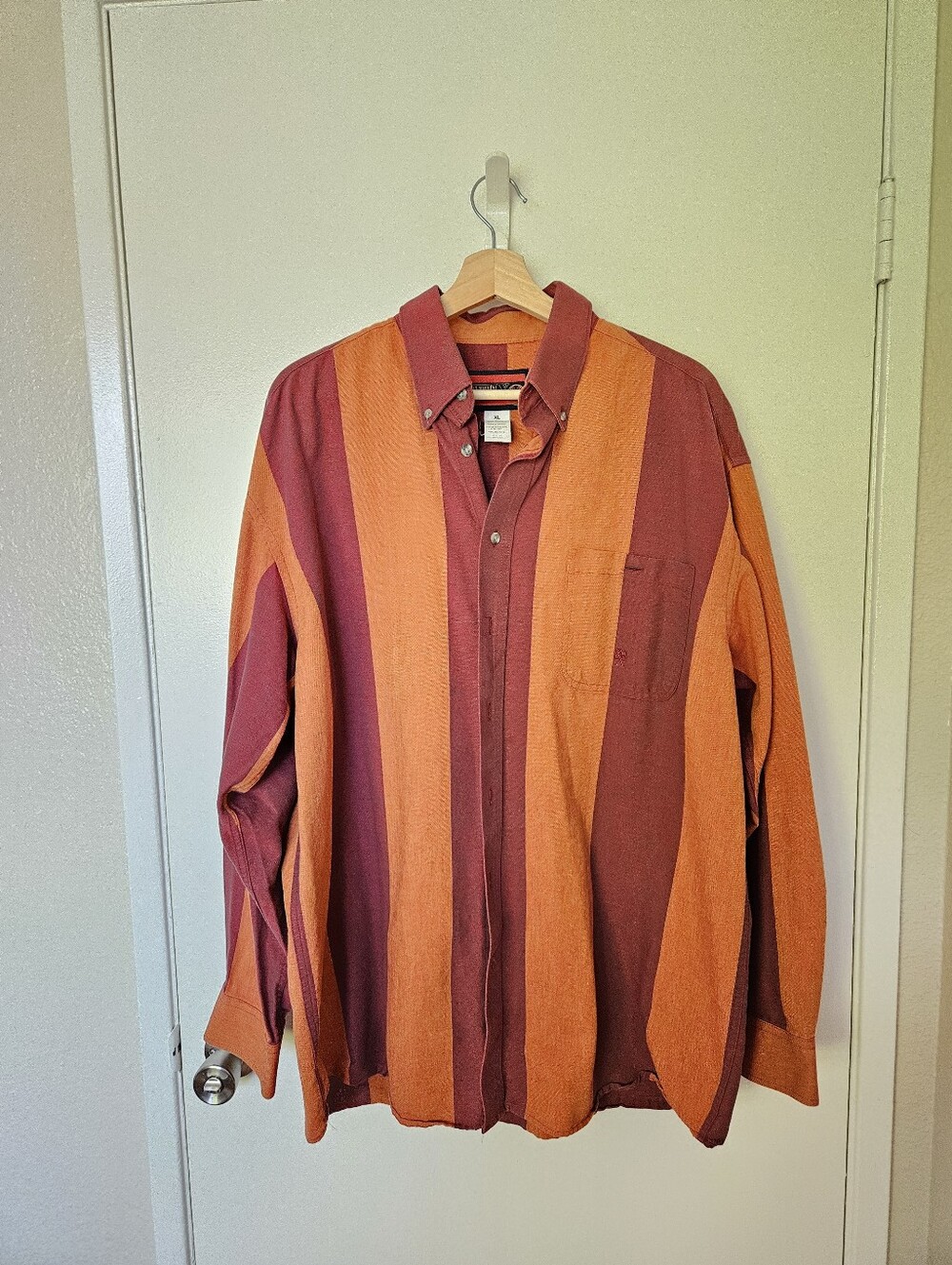 Wrangler Twenty X Vertical Stripe Button-Down in Maroon and Burnt Orange